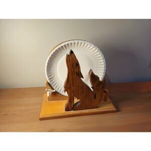 Vintage Southwest Wolf Wood Paper Plate Holder With Tooth Pick Holder